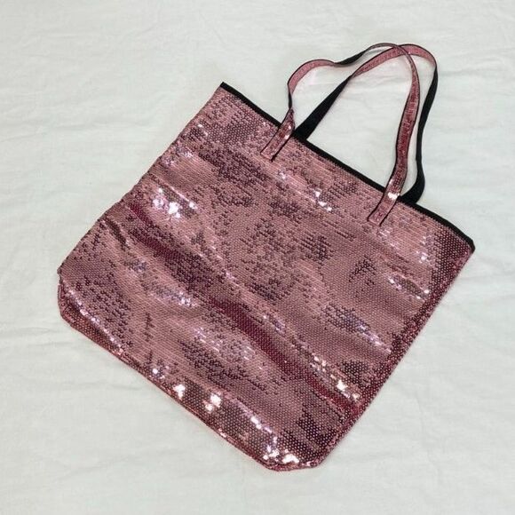 Victoria's Secret All Over Sequin Large Double Handle Open Top Bag Tote Pink - Picture 7 of 9